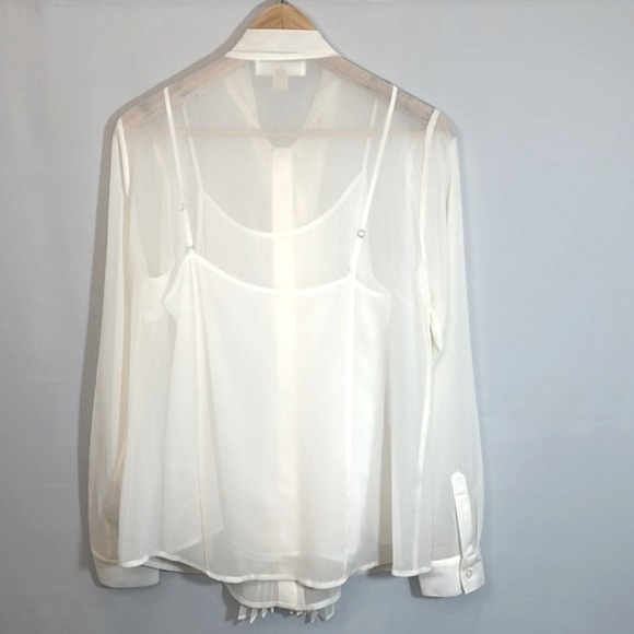 Michael Kors Button Front Tie Neck 2 Piece Blouse Cami Long Sleeve Sheer Size M - Picture 10 of 10